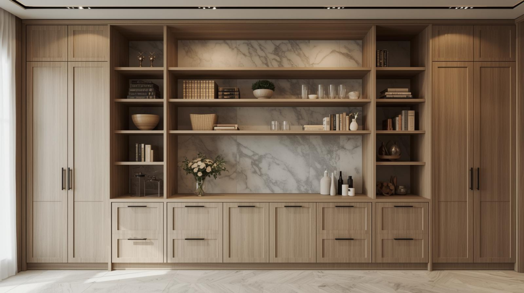 Lemari Custom, Rak Custom, Built-in Storage, Desain Interior, Penyimpanan Vertikal, Furniture Plafon