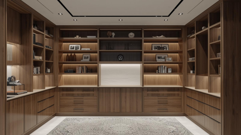 Lemari Custom, Rak Custom, Built-in Storage, Desain Interior, Penyimpanan Vertikal, Furniture Plafon